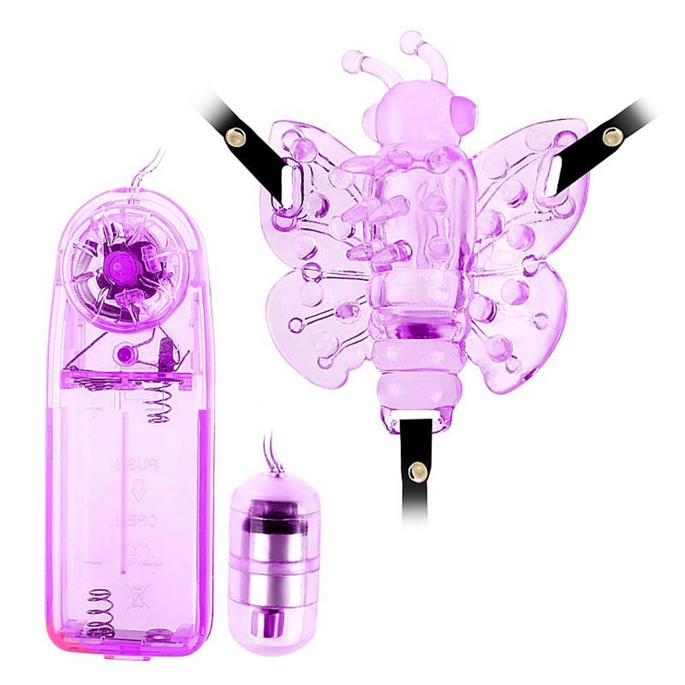 Vibrador Butterfly em Jelly com Al�as Ajust�veis e Controle com Fio Roxo, em close, mostrando os detalhes da textura e das al�as