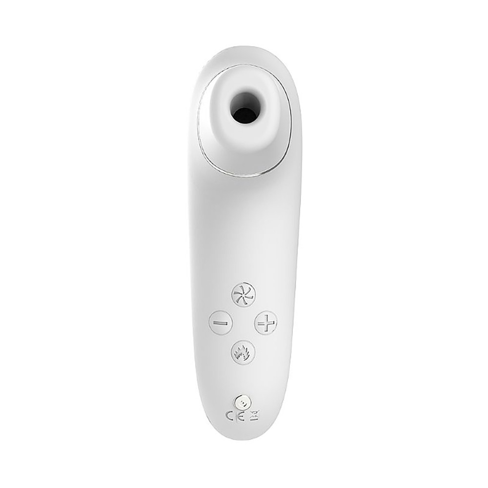 Pulsador de Clit�ris em Silicone Recarreg�vel com Aquecimento 8 Pulsa��es e 5 Velocidades Branco - Vista frontal do bocal de suc��o e controles