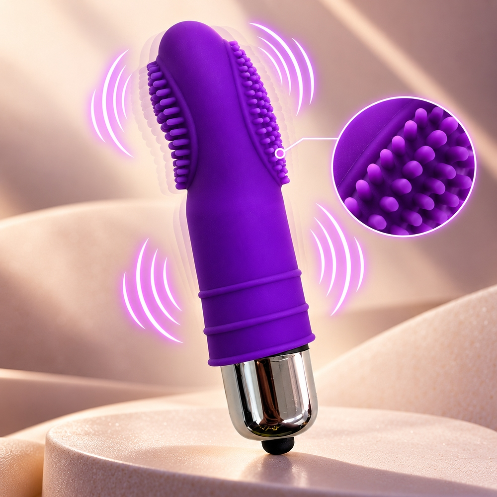 Vibrador bullet roxo com capa texturizada mostrando ondas de vibra��o e close na textura de cerdas