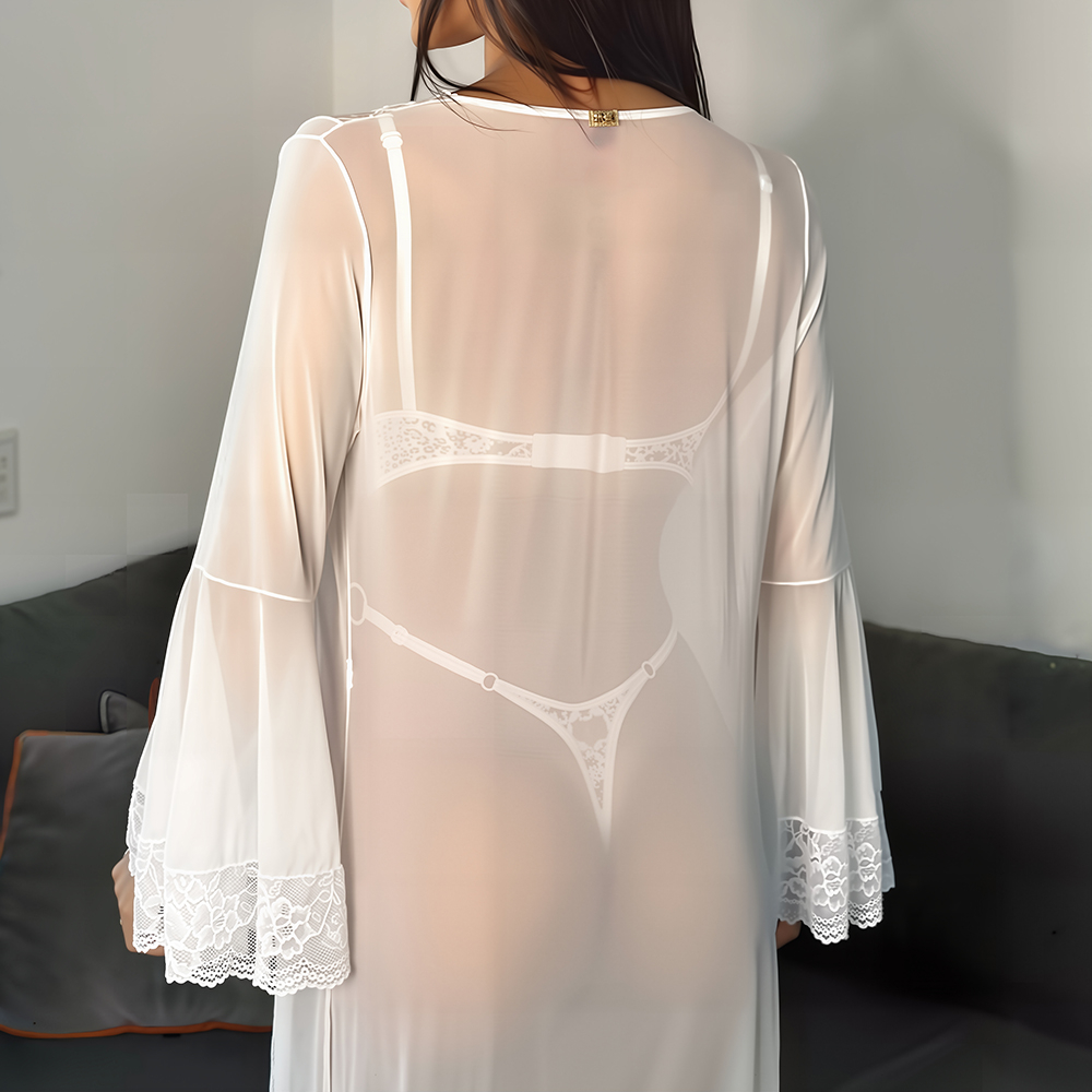 Robe Longo Sensual Sexy em Tule e Renda Branco | Vista Traseira