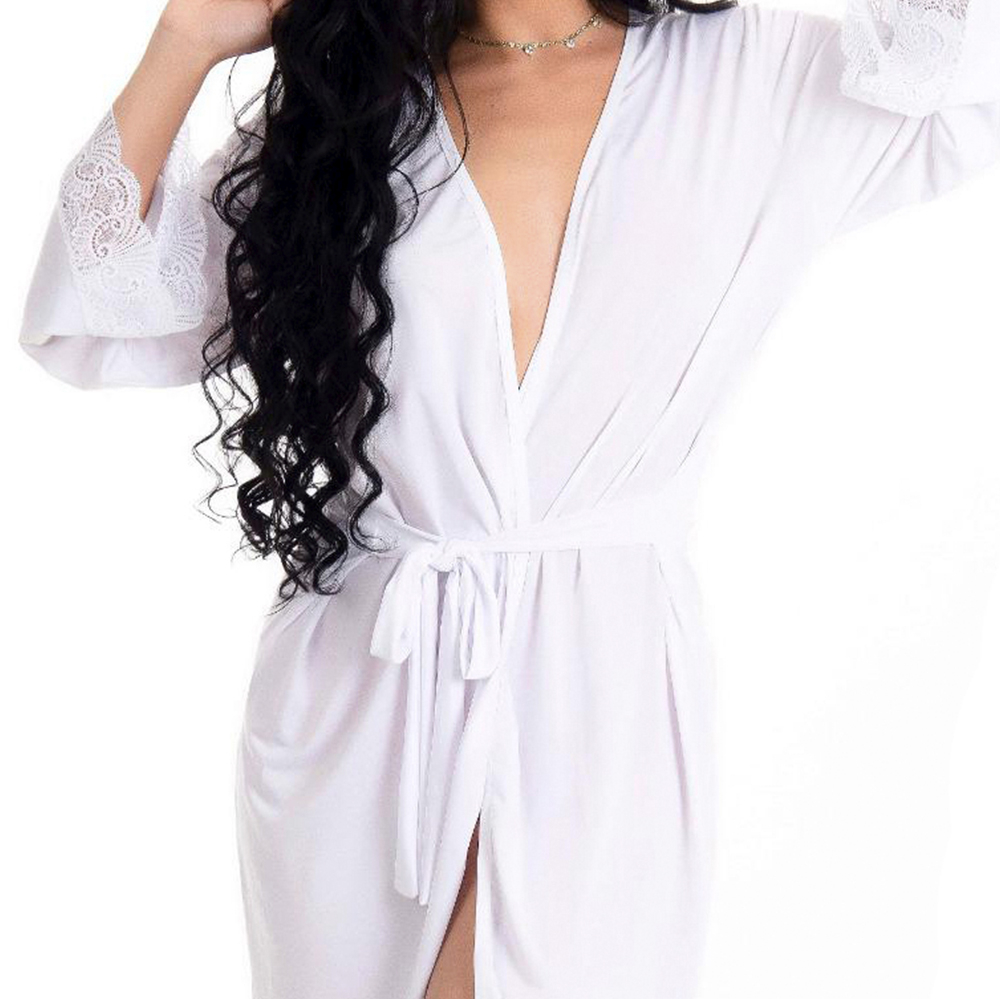 Robe Sensual Sexy em Microfibra e Renda Branco, detalhe da manga com a renda e tecido de microfibra