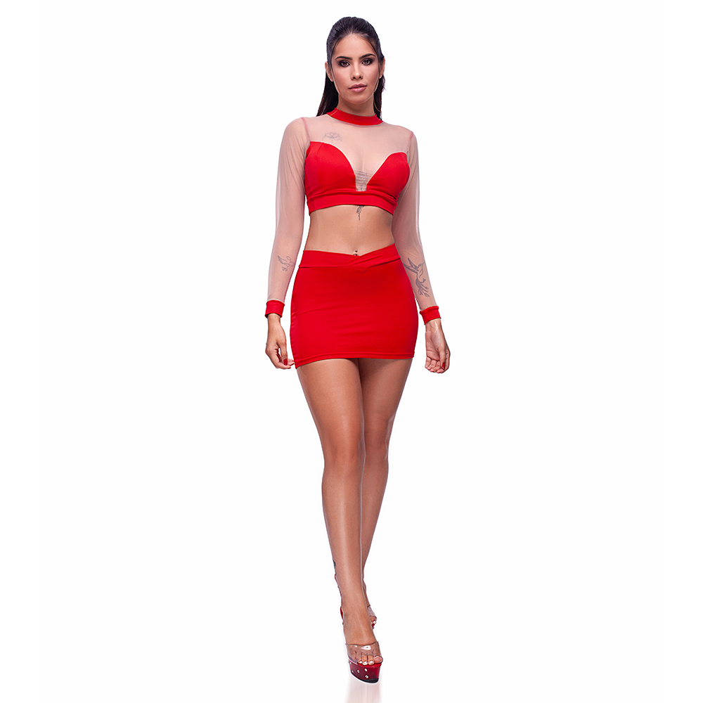 Conjunto Sensual em Suplex Poliamida Cropped Manga Comprida e Mini Saia Sexy Vermelho | Foto 05
