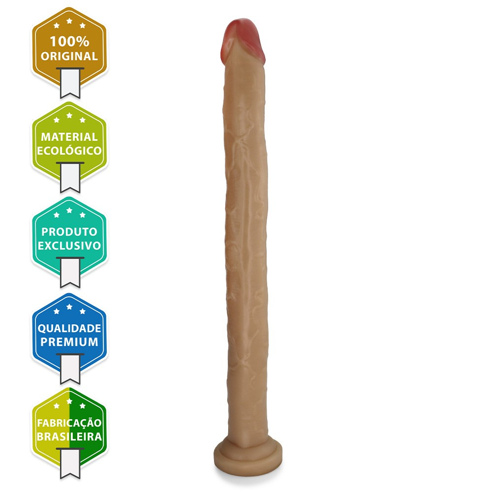 P�nis Gigante e Grosso com Escroto Piroc�o, em vista lateral, com os selos 100% Original, Material Ecol�gico, Produto Exclusivo, Qualidade Premium e Fabrica��o Brasileira
