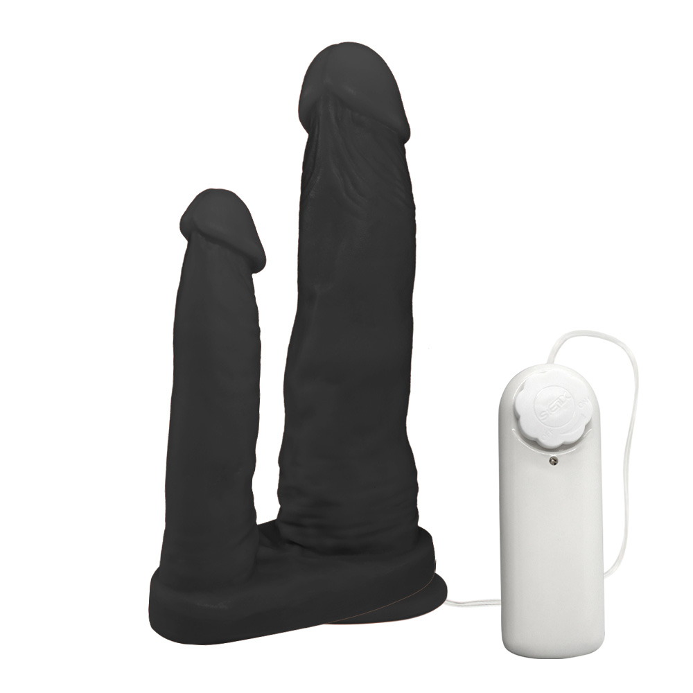 P�nis Duplo para 2 Penetra��es com Vibrador e Ventosa, destacando o controle do vibrador.