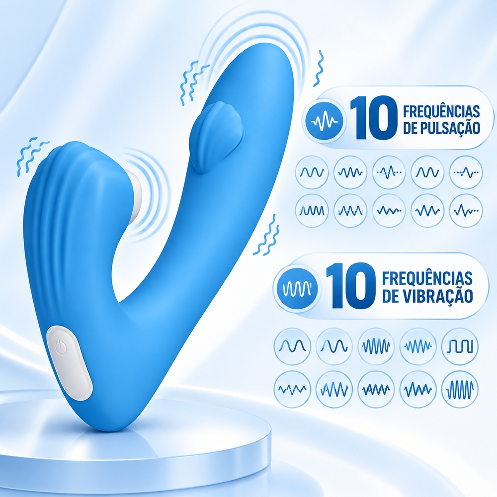Vibrador duplo recarreg�vel azul com diagrama de 10 pulsa��es e 10 vibra��es