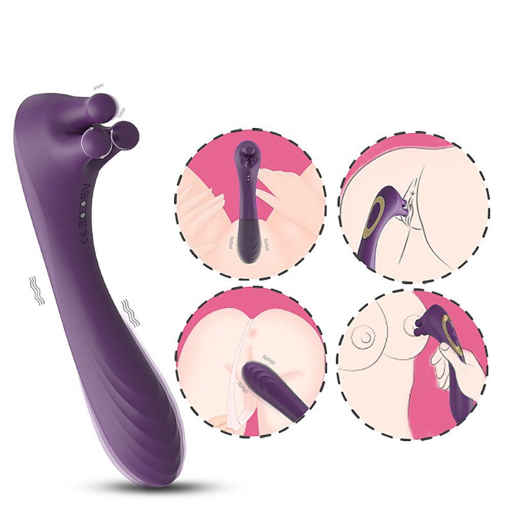Vibrador Feminino Angel's Hand Roxo em a��o simulada, com setas indicando vibra��o e ilustra��o de uso no clit�ris, ponto G e mamilos