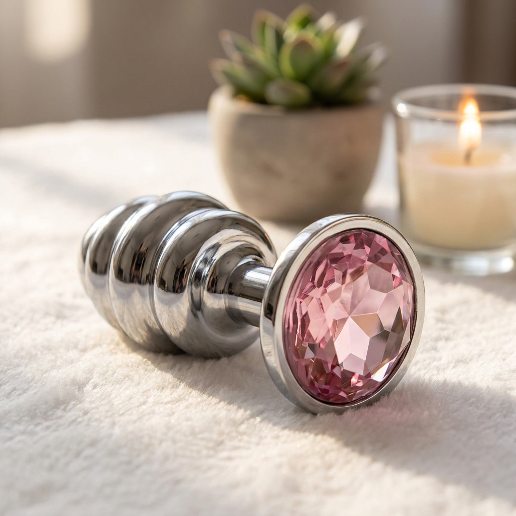 Plug Anal Joia em A�o Inox Tamanho M com Cristal Rosa e Formato em Gomos de 7 x 3cm | Foto 02