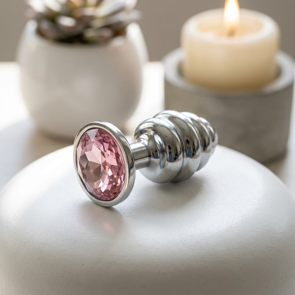 Plug Anal Joia em A�o Inox Tamanho M com Cristal Rosa e Formato em Gomos de 7 x 3cm | Foto 03