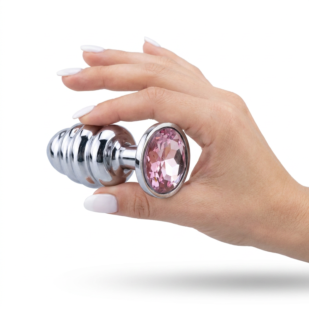 Plug Anal Joia em A�o Inox Tamanho M com Cristal Rosa e Formato em Gomos de 7 x 3cm | Foto 05