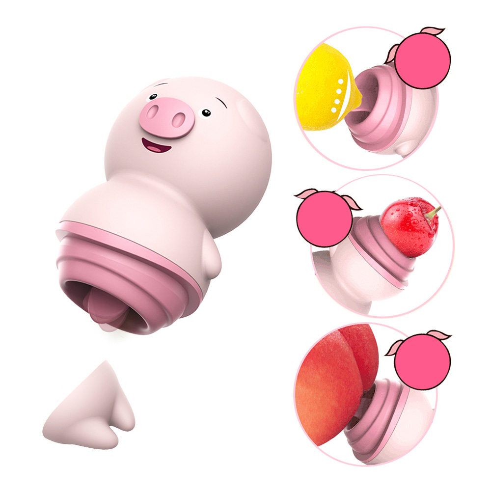 Vibrador para Clit�ris Recarreg�vel com L�ngua e 10 Vibra��es Disfar�ado de Porquinho Rosa em diferentes usos