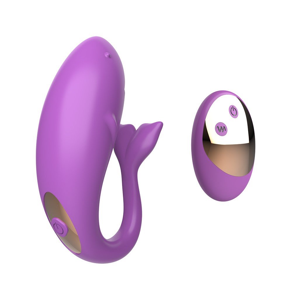 Vibrador para Casal em Silicone Recarreg�vel com 10 Vibra��es e Controle sem Fio Roxo - Vista lateral do vibrador e controle sem fio