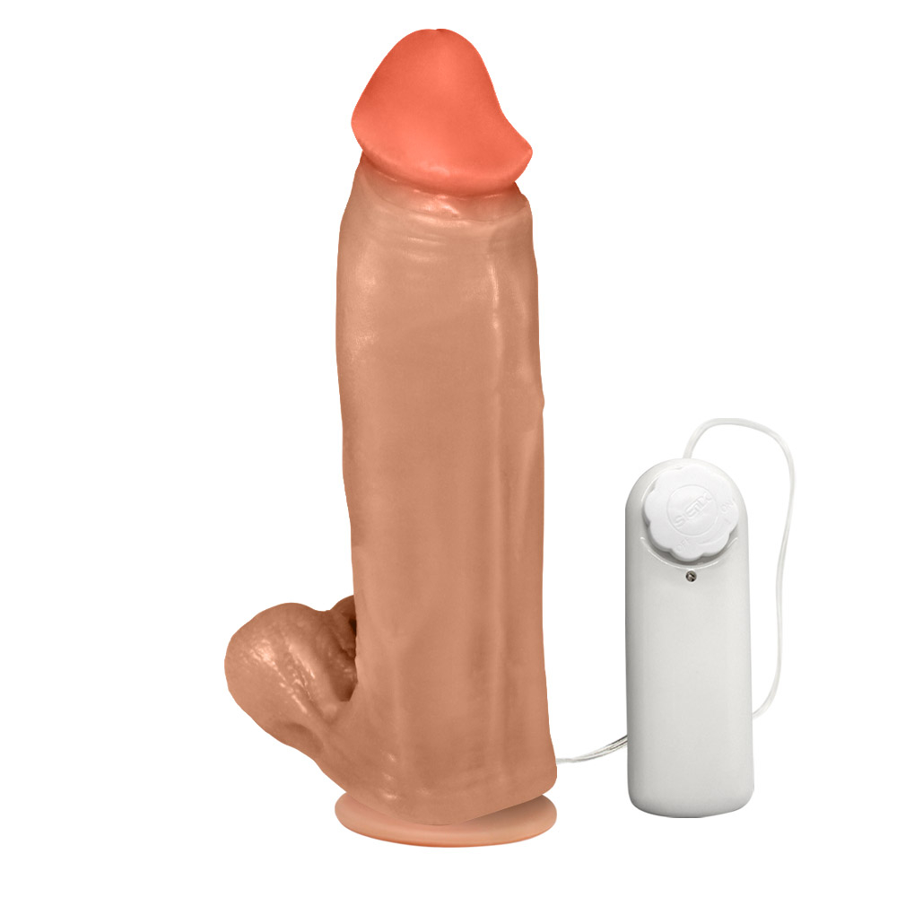 Detalhe do p�nis maci�o sedutor, mostrando a textura do PVC flex�vel na cor bege e o escroto. 