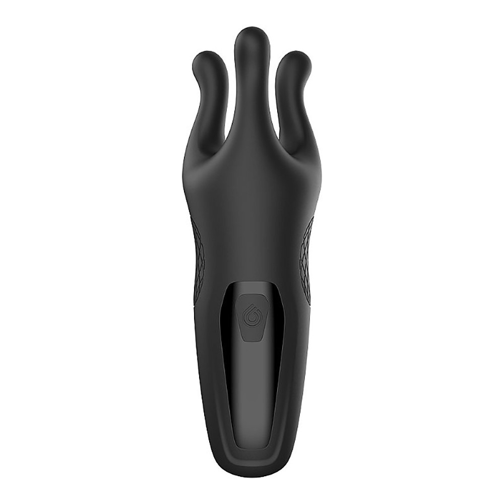 Vibrador Masculino Trident Preto em vista frontal inclinada destacando os dedos flex�veis e o controle lateral
