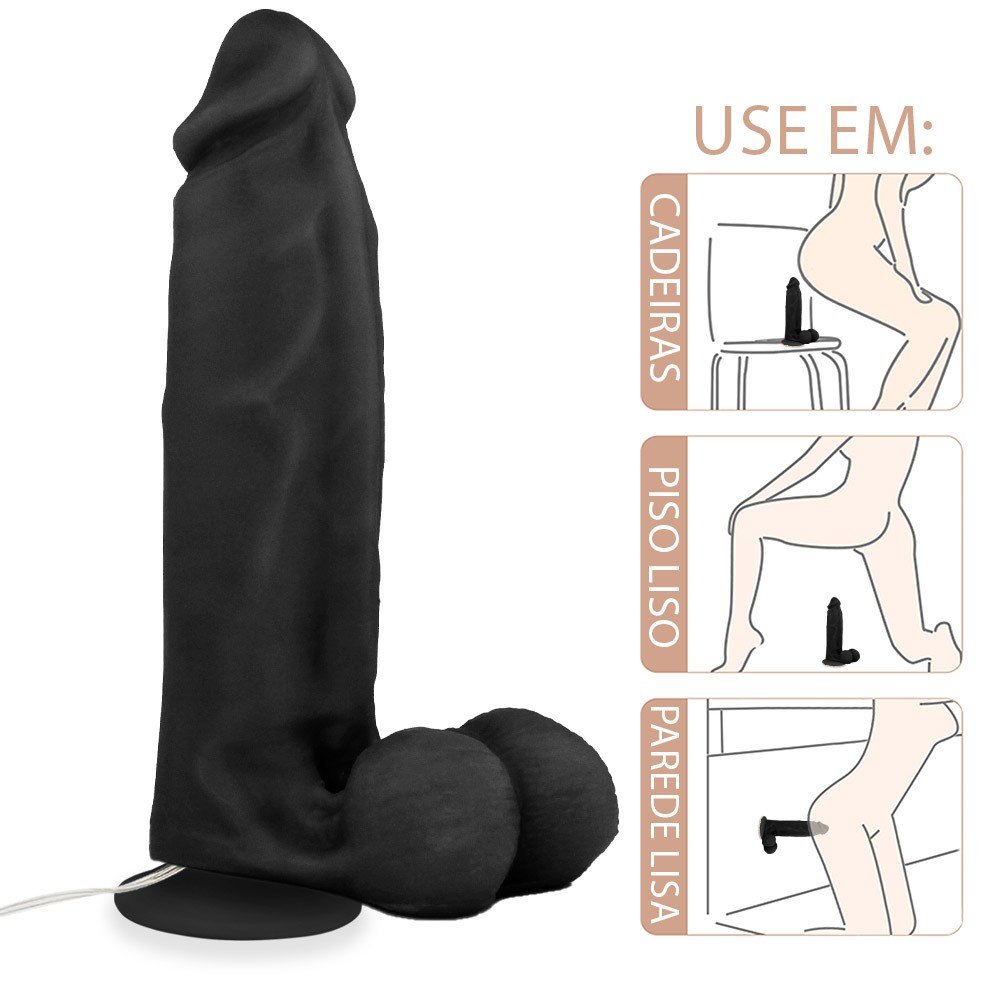 P�nis Maci�o Sedutor em PVC Flex�vel Preto com vibrador, mostrando a ventosa fixada em uma superf�cie lisa, com ilustra��es de uso em cadeiras, piso e parede.