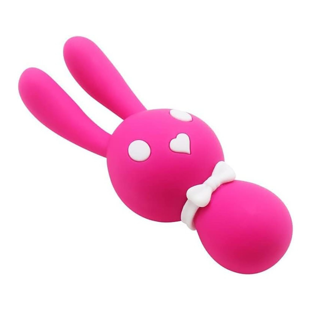 Vibrador Discreto Coelho em Silicone Recarreg�vel com Orelhas Estimuladoras, vista lateral e traseira mostrando as orelhas e o la�o branco