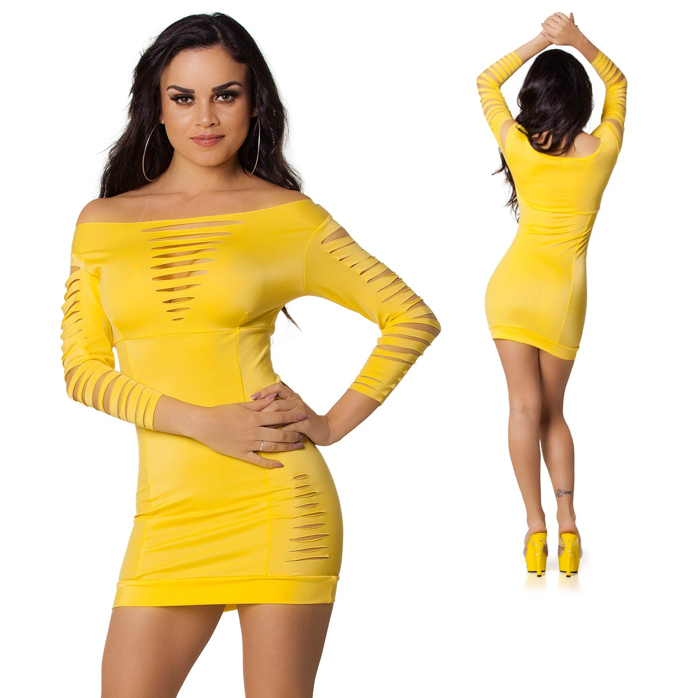 Vestido Sensual com Manga Recortada Amarelo | Foto 04
