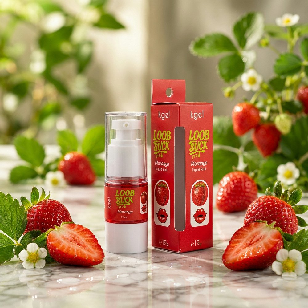 Gel Vibrador L�quido Beij�vel LoobSuck Aroma de Morango 19ml e morangos frescos