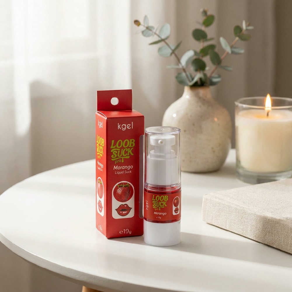 Gel Vibrador L�quido Beij�vel LoobSuck Aroma de Morango 19ml em ambiente �ntimo com vela acesa