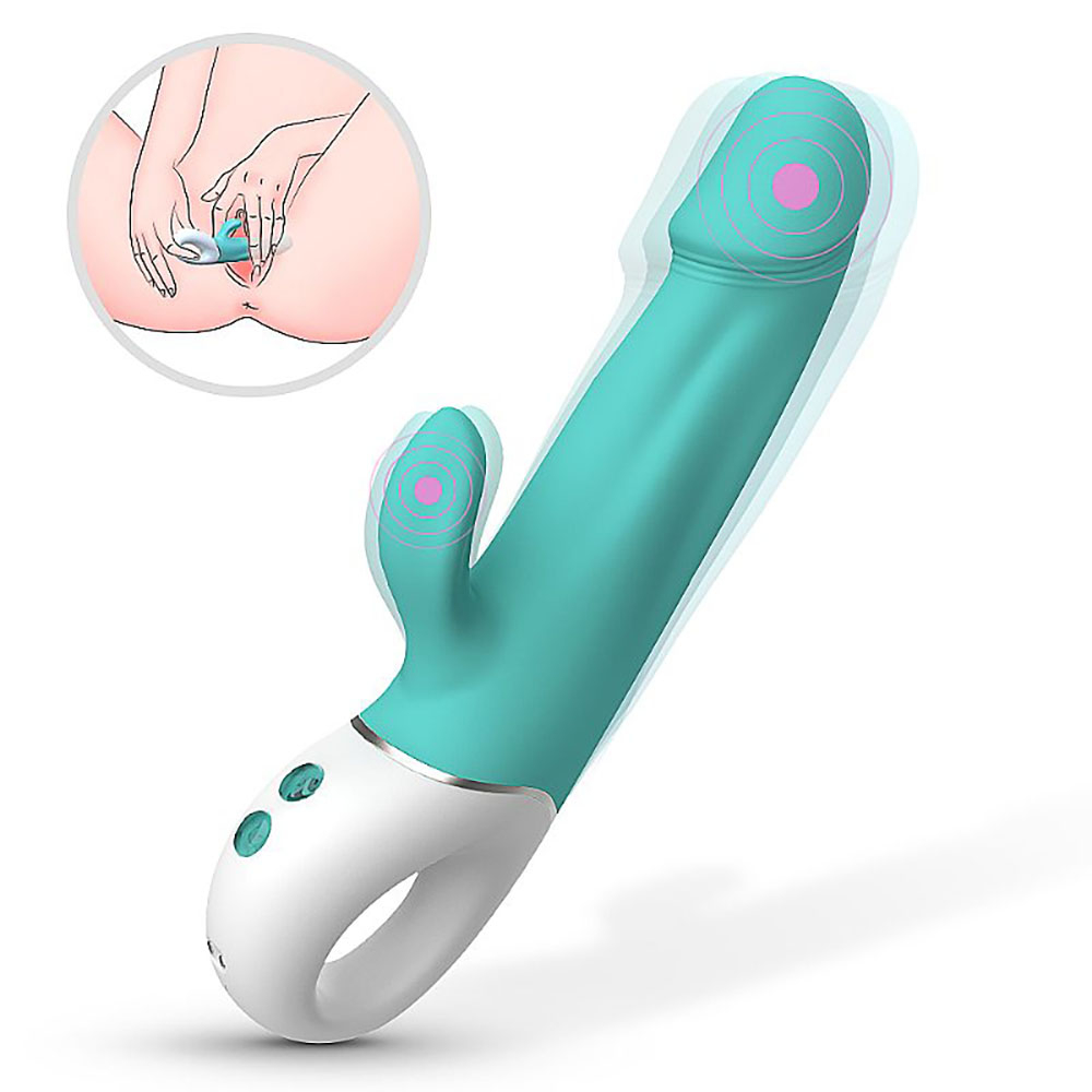 Vibrador Duplo Wave Cyan em uso, ilustrando estimula��o na regi�o do clit�ris e ponto G