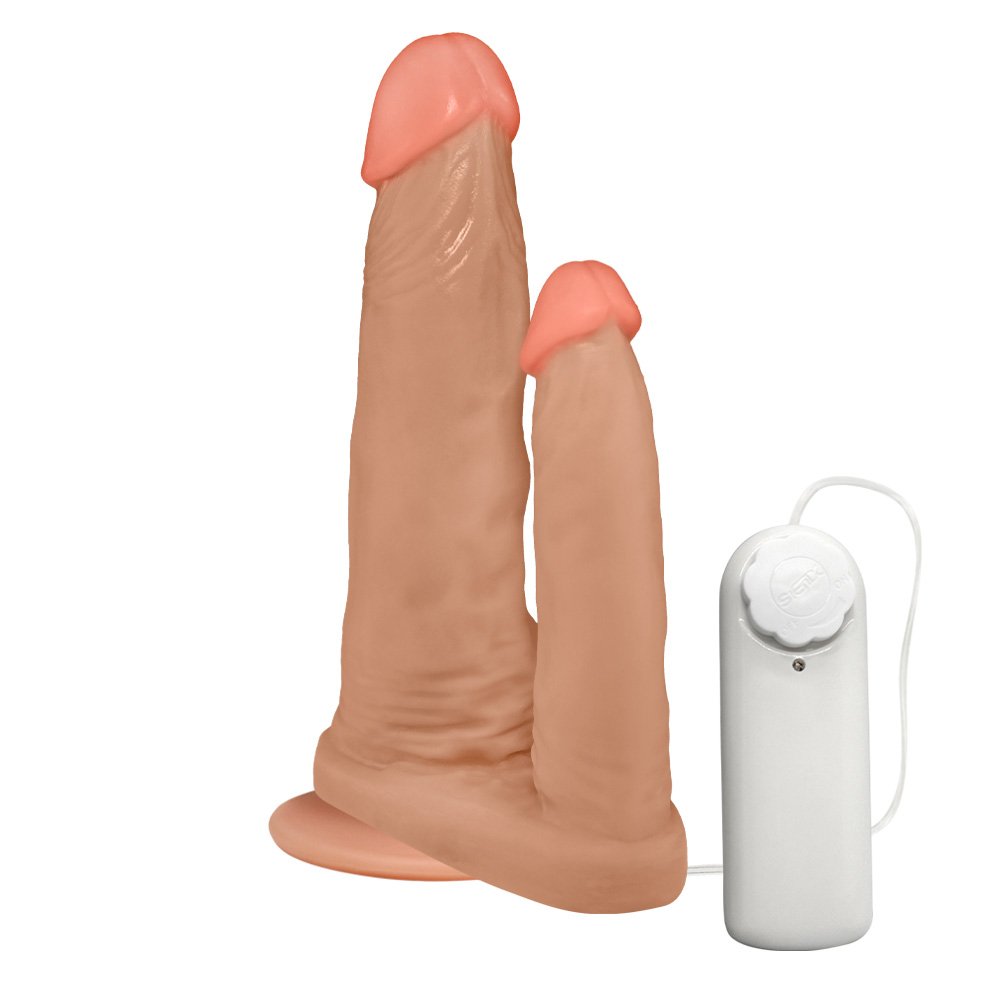 P�nis Duplo para 2 Penetra��es com Vibrador e Ventosa 15x3,5cm e 10x2,5cm Bege - Quarta foto do produto