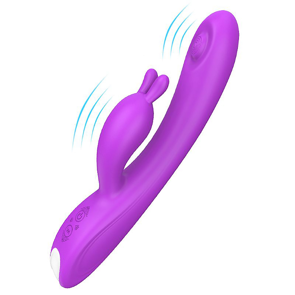 Vibrador Duplo Rabbit em Silicone Recarreg�vel com 9 Vibra��es Candy Roxo em vista lateral, exibindo o corpo curvado e o estimulador externo