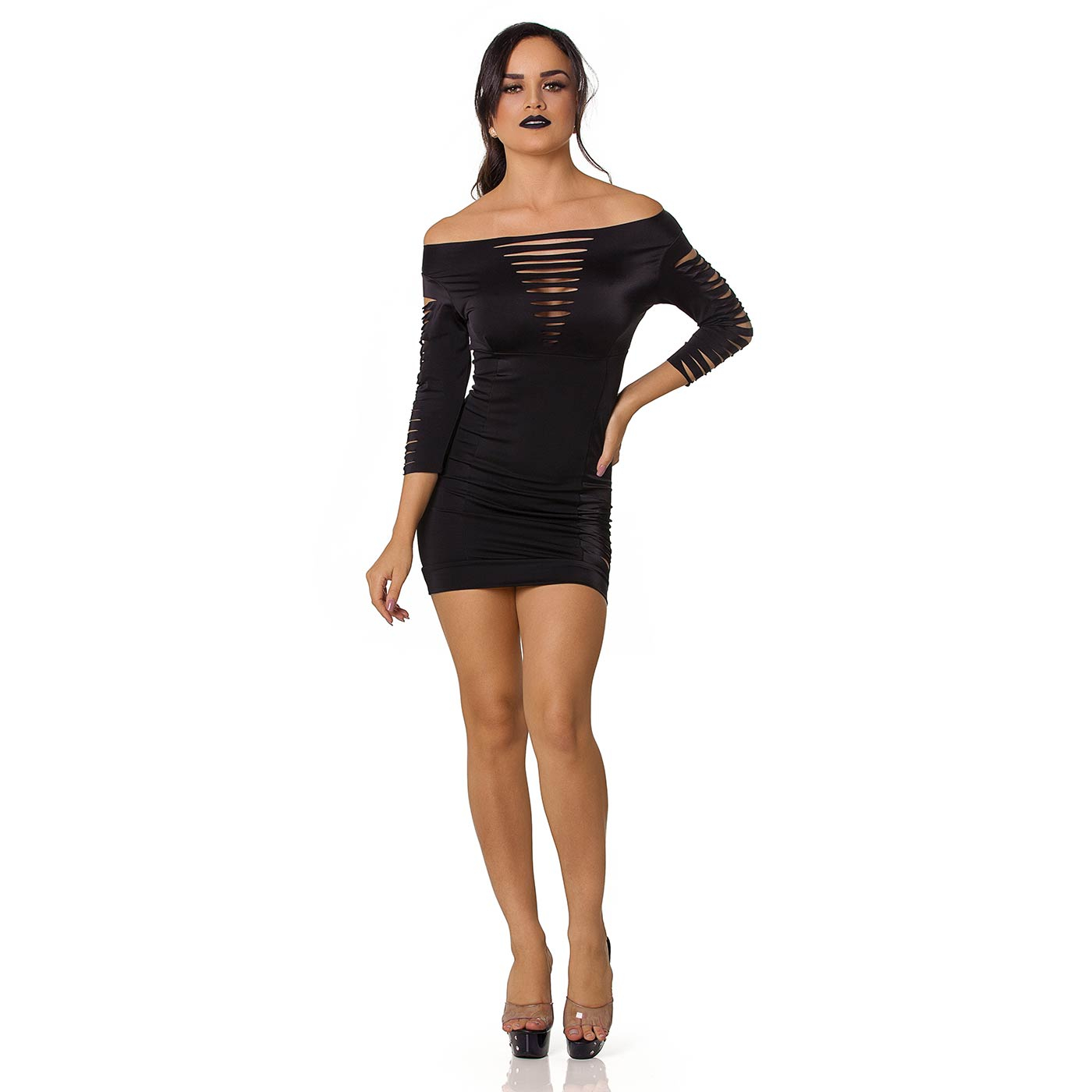Vestido Sensual com Manga Recortada Preto, vista frontal