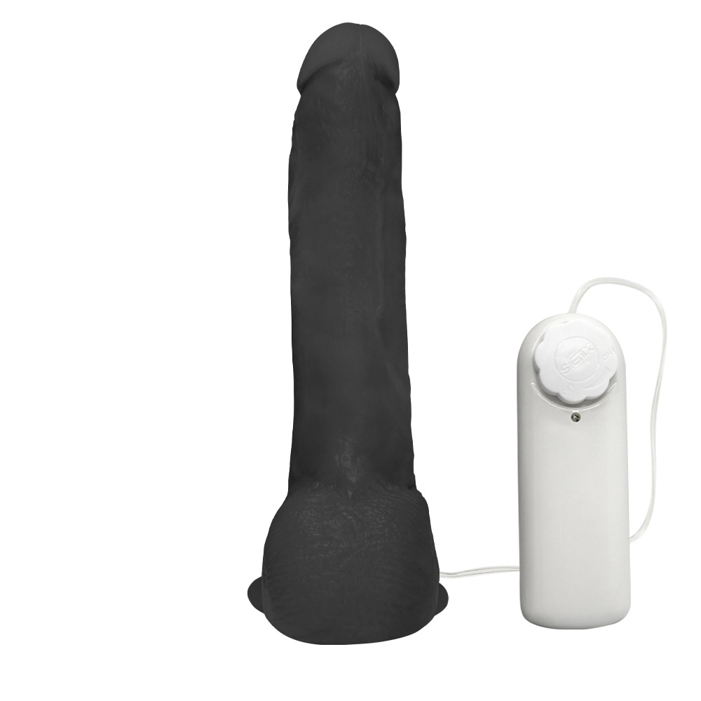 P�nis Real�stico Feito em PVC Flex�vel com Escroto, Ventosa e Vibro Ron Jeremy 21 x 4,5cm Preto | Foto 03 - Vista lateral do p�nis real�stico, destacando o escroto, a base com ventosa e o vibrador