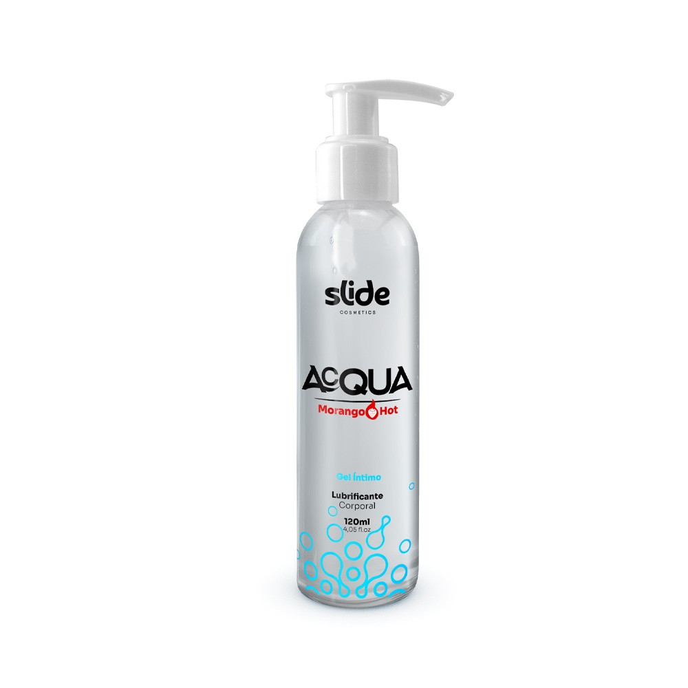 Kit Acqua Morango Hot - frasco de lubrificante em vista frontal, destacando r�tulo com nome do produto, sabor morango hot e 120ml