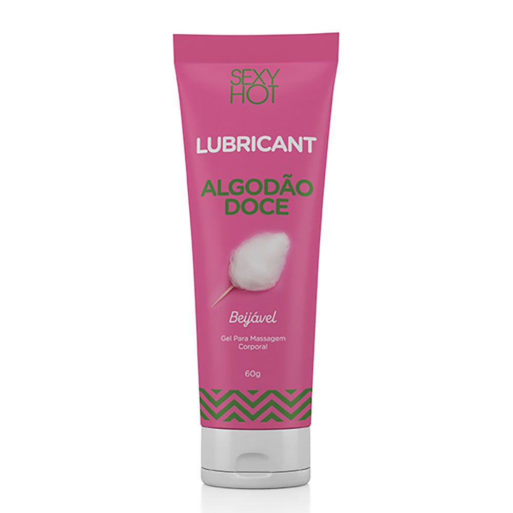 Gel Lubricante Algod�o Doce Beij�vel 60g com embalagem rosa, algod�o doce na frente e detalhes verdes