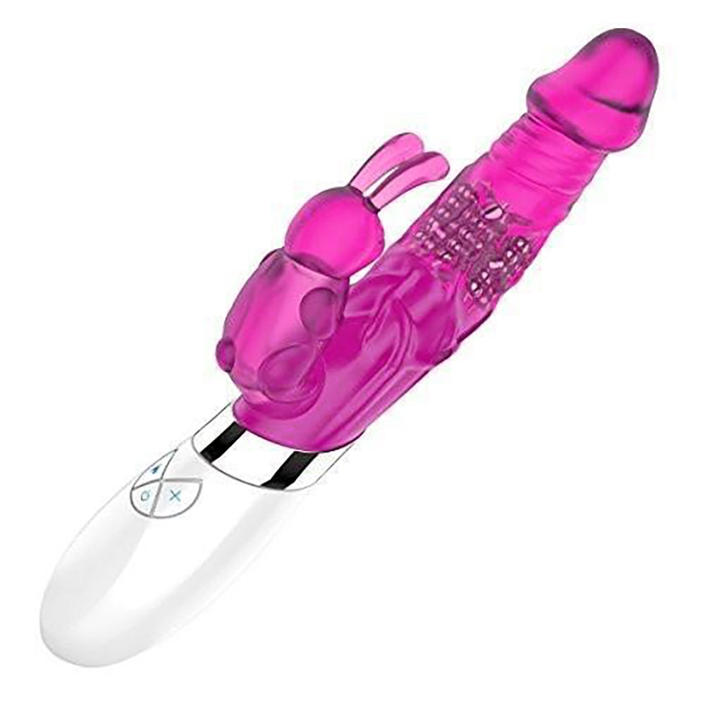 Vibrador Rabbit Rotativo Haloy com 6 Modos de Vibra��o e Rota��o Pink - Vista lateral mostrando os detalhes do estimulador de clit�ris e da ponta