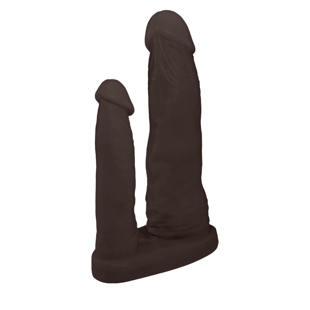 P�nis Duplo para 2 Penetra��es em PVC Flex�vel At�xico 15 x 3,5cm e 10 x 2,5cm Marrom | Detalhe das duas hastes