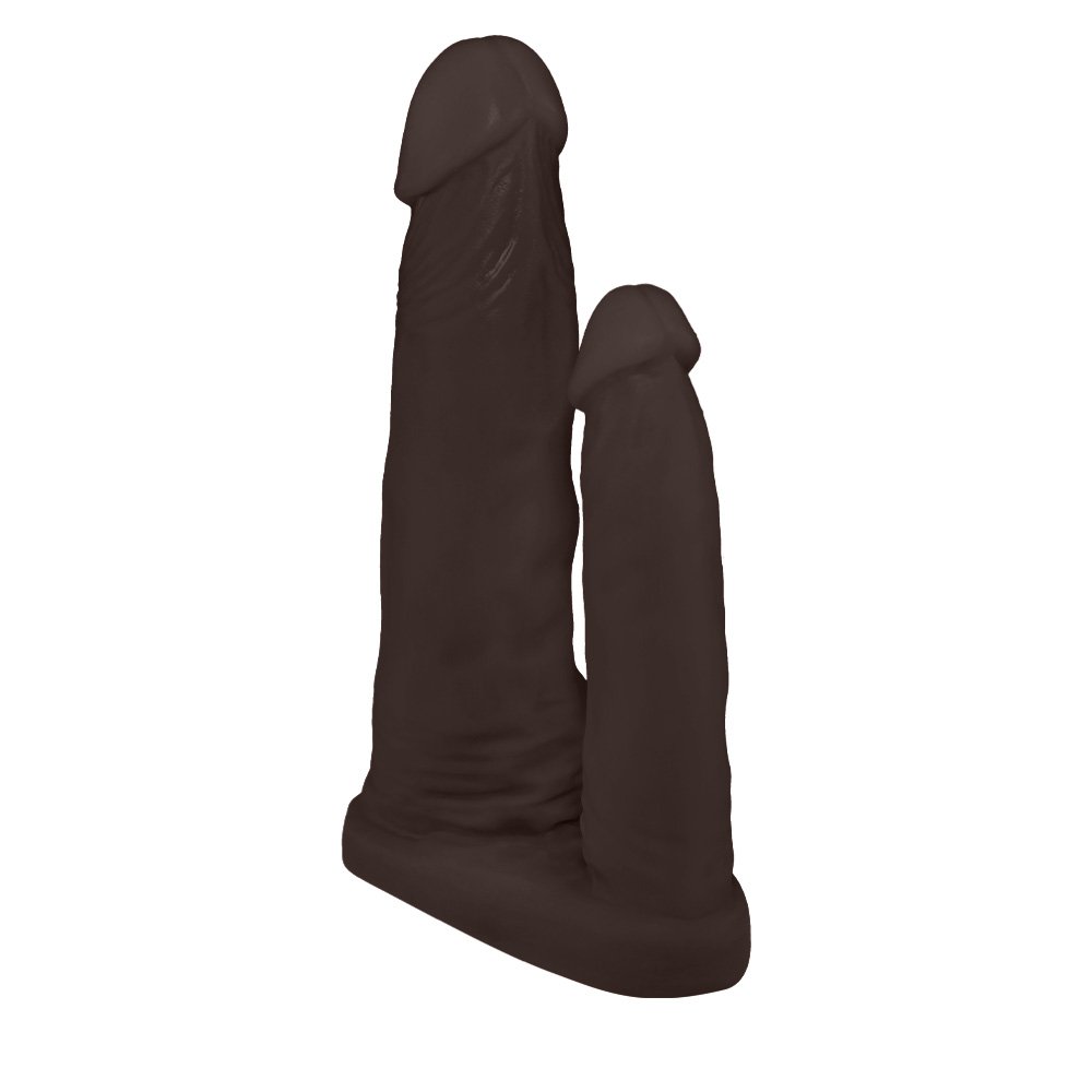 P�nis Duplo para 2 Penetra��es em PVC Flex�vel At�xico 15 x 3,5cm e 10 x 2,5cm Marrom | Vista da base