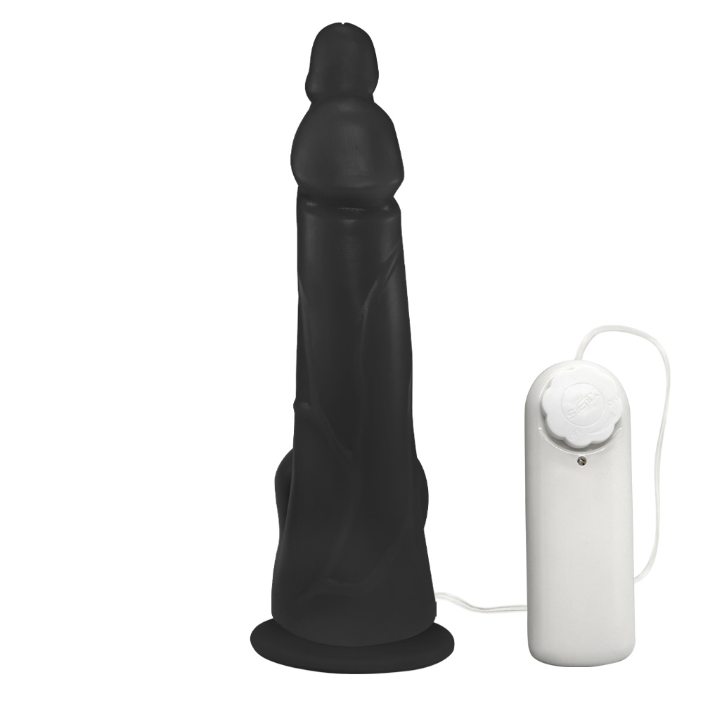 P�nis Duplo com Veias, Vibrador e Ventosa - Detalhe da parte inferior mostrando a ventosa para fixa��o e o cabo do vibrador com o escroto