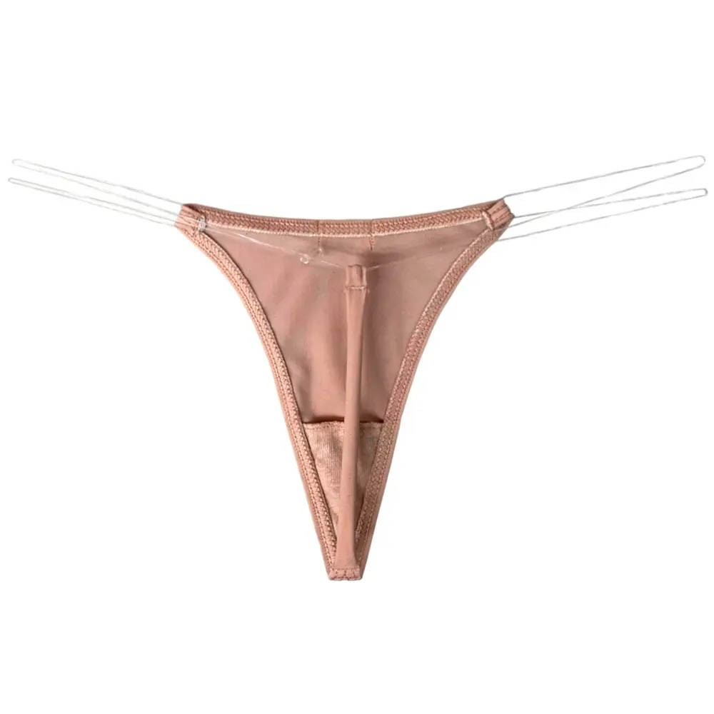 Calcinha string fio dental bege com detalhes em silicone transparente, vista frontal e destaque para o tecido de lycra.