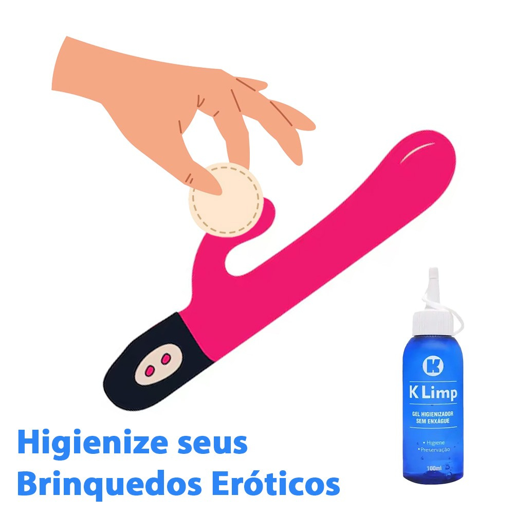 Gel Higienizador KLimp 100ml sendo utilizado para limpar um vibrador rosa com algod�o