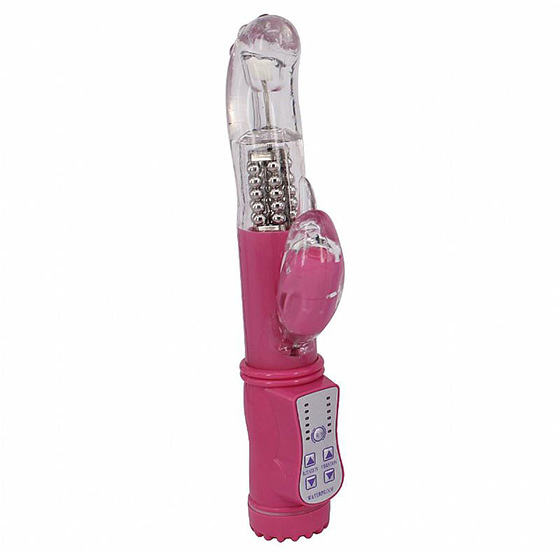Vibrador Rabbit Duplo Rotativo Rosa em angulo detalhando o painel de controle e os motores duplos.