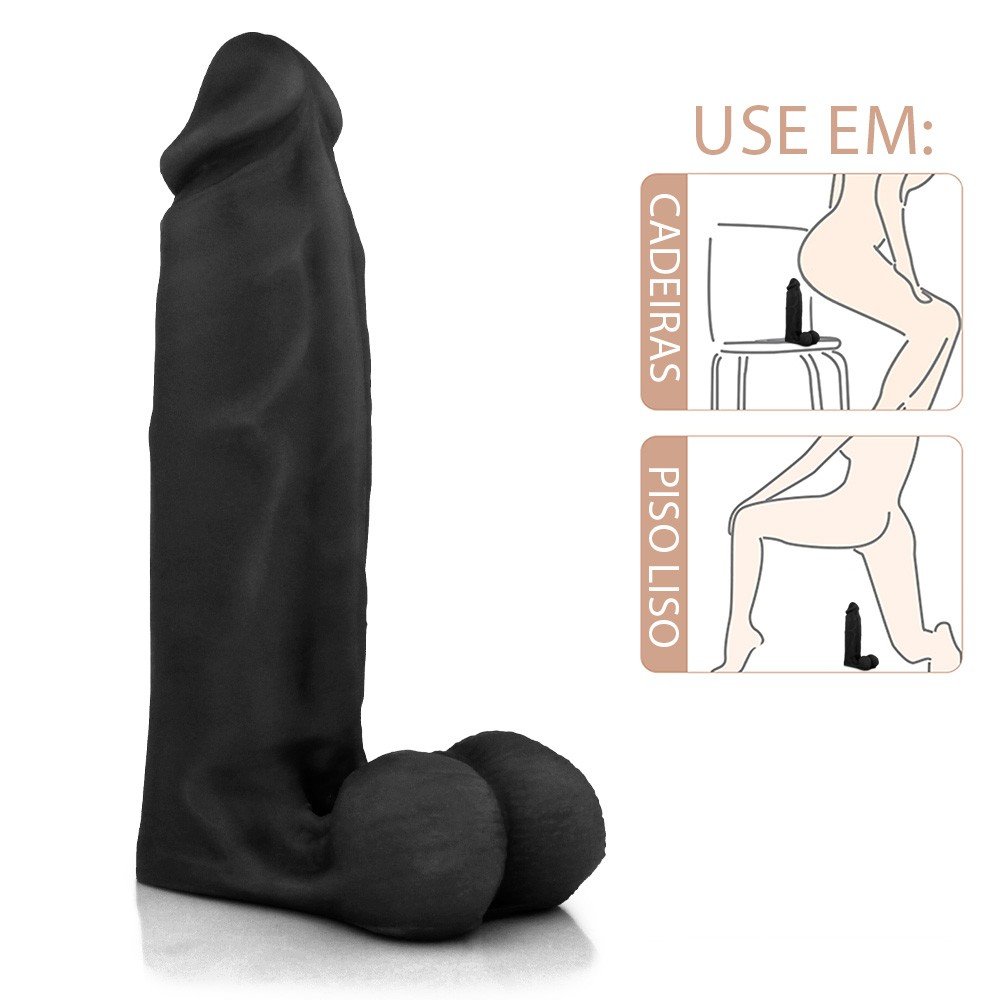 P�nis Maci�o Sedutor em PVC, flex�vel e at�xico, exibindo as caracter�sticas de uso com cinta para maior versatilidade