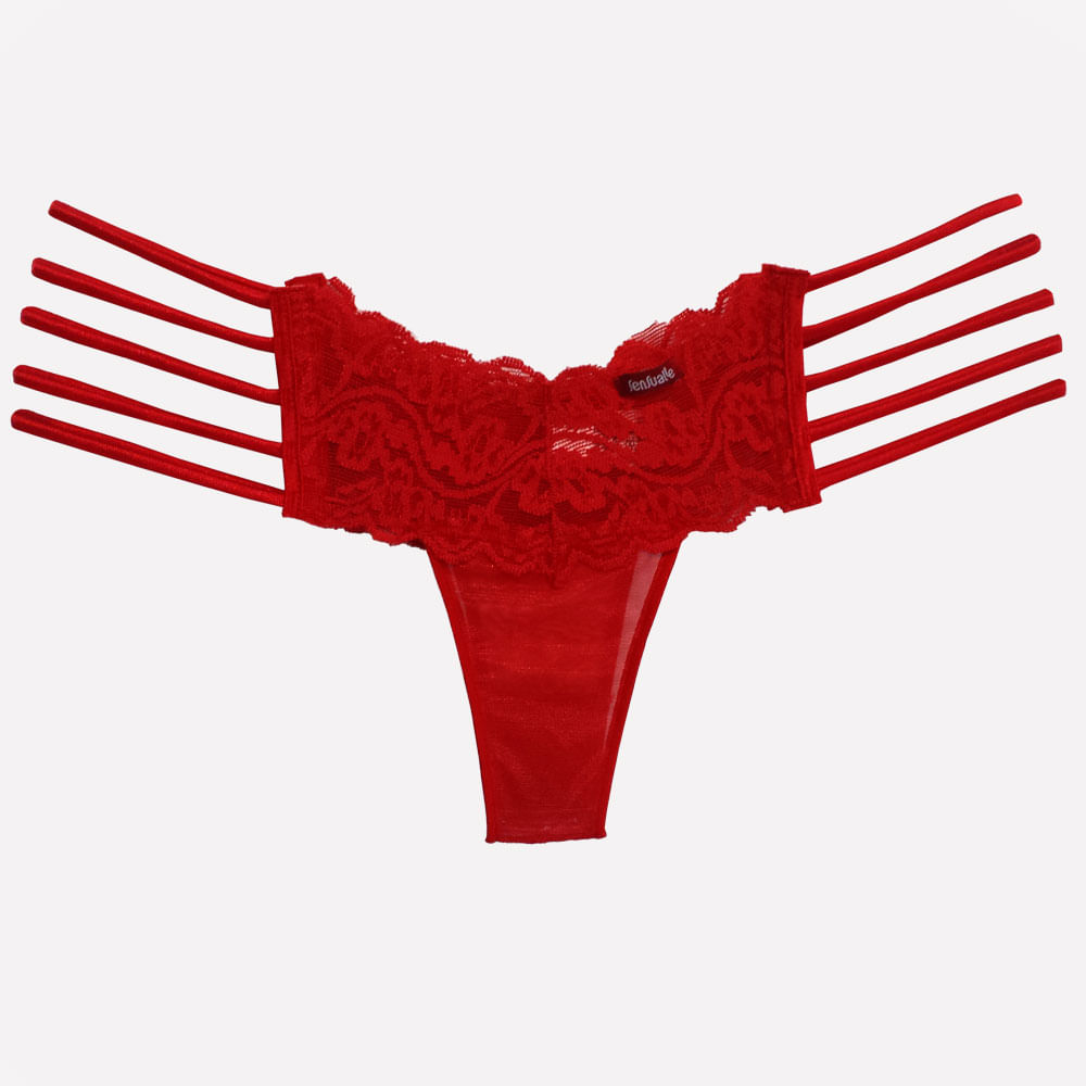Calcinha Strappy Fio Dental Sexy em Renda com Rolot�s Vermelha | Detalhe da renda frontal