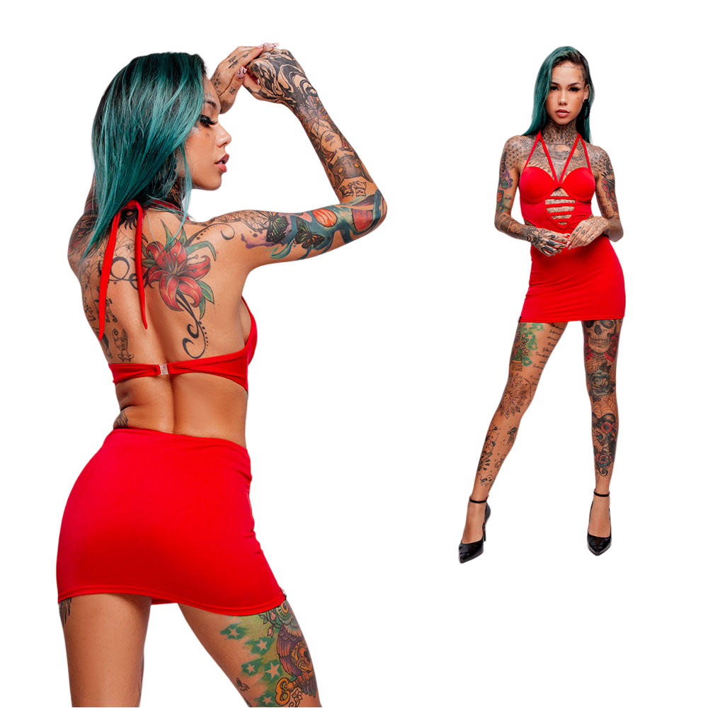 Vestido Sensual Sexy em Suplex Poli�ster Frente �nica com Bojo e Aro Vermelho na vis�o traseira, destacando as costas nuas e amarra��o