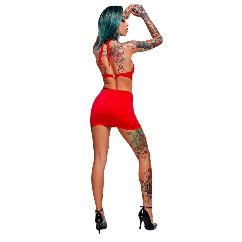 Vestido Sensual Sexy em Suplex Poli�ster Frente �nica com Bojo e Aro Vermelho em vista lateral, destacando os recortes laterais
