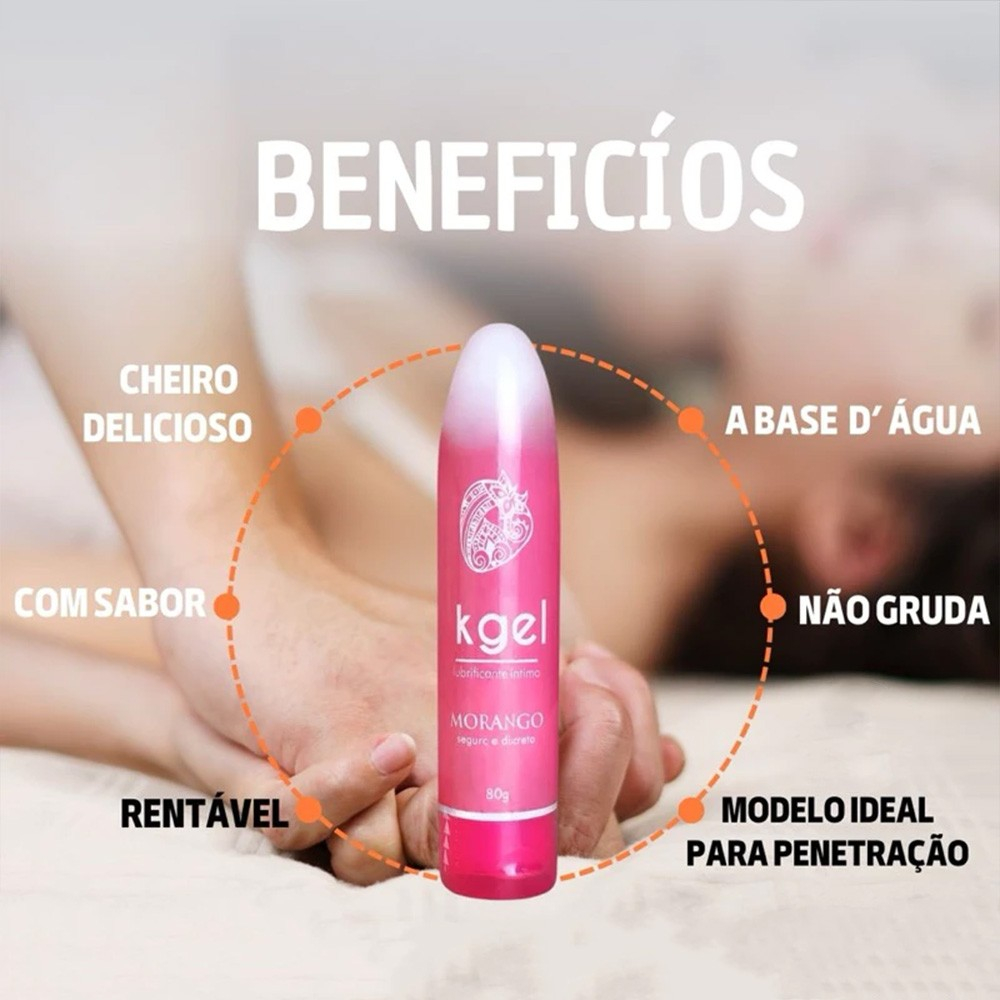 Gel Lubrificante �ntimo Morango � Base de �gua 80ml com destaque para seus benef�cios, como 'Cheiro Delicioso', '� Base d'�gua' e 'N�o Gruda'
