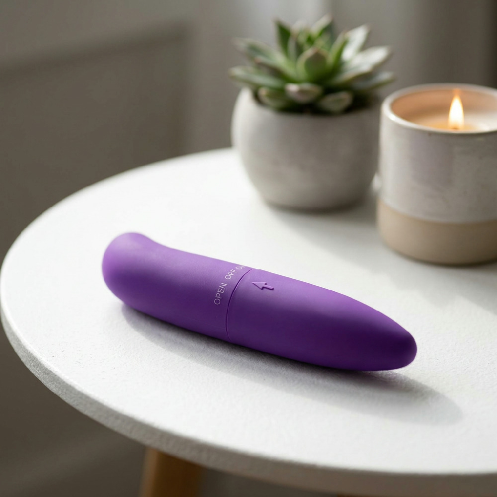 Vibrador Ponto G Liso Feito em Pl�stico R�gido Roxo - vista da parte inferior com acesso a compartimento de pilhas