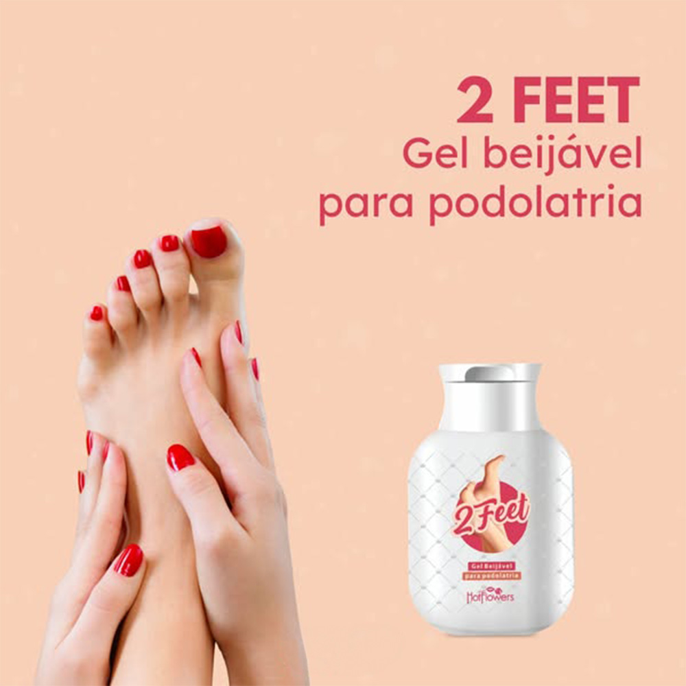 Gel para Massagem 2 Feet com imagem de um p� e indica��o 'Gel beij�vel para podolatria'