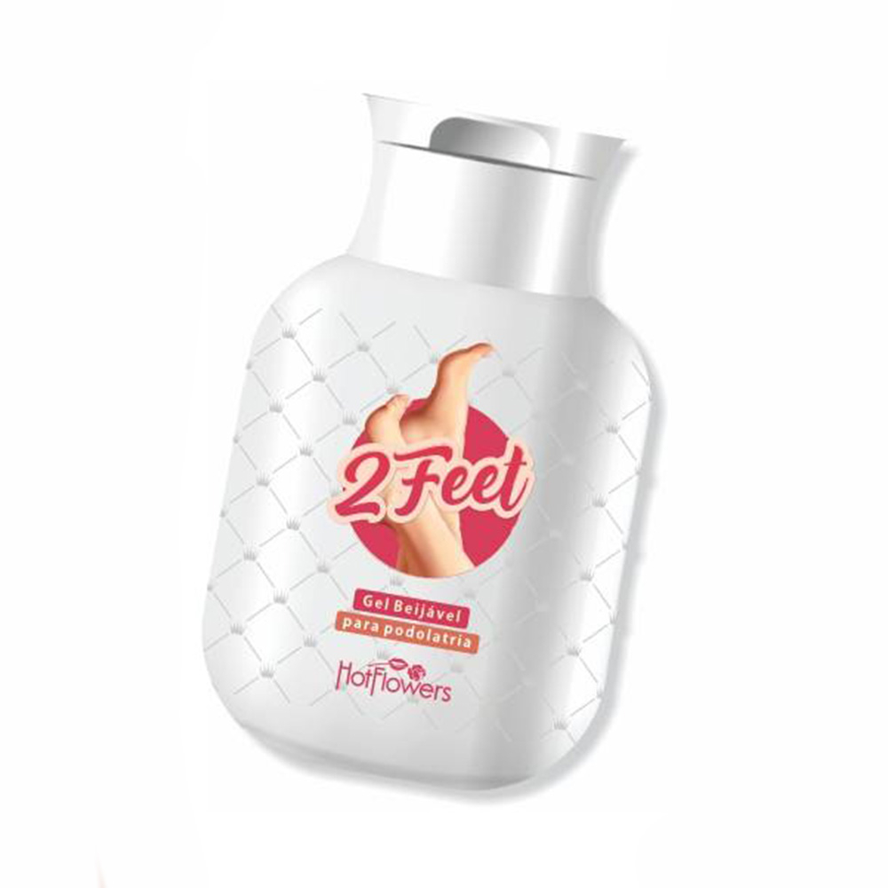 Frasco do Gel para Massagem 2 Feet em perspectiva, destacando o r�tulo com a m�o e o texto 'Gel beij�vel para podolatria'