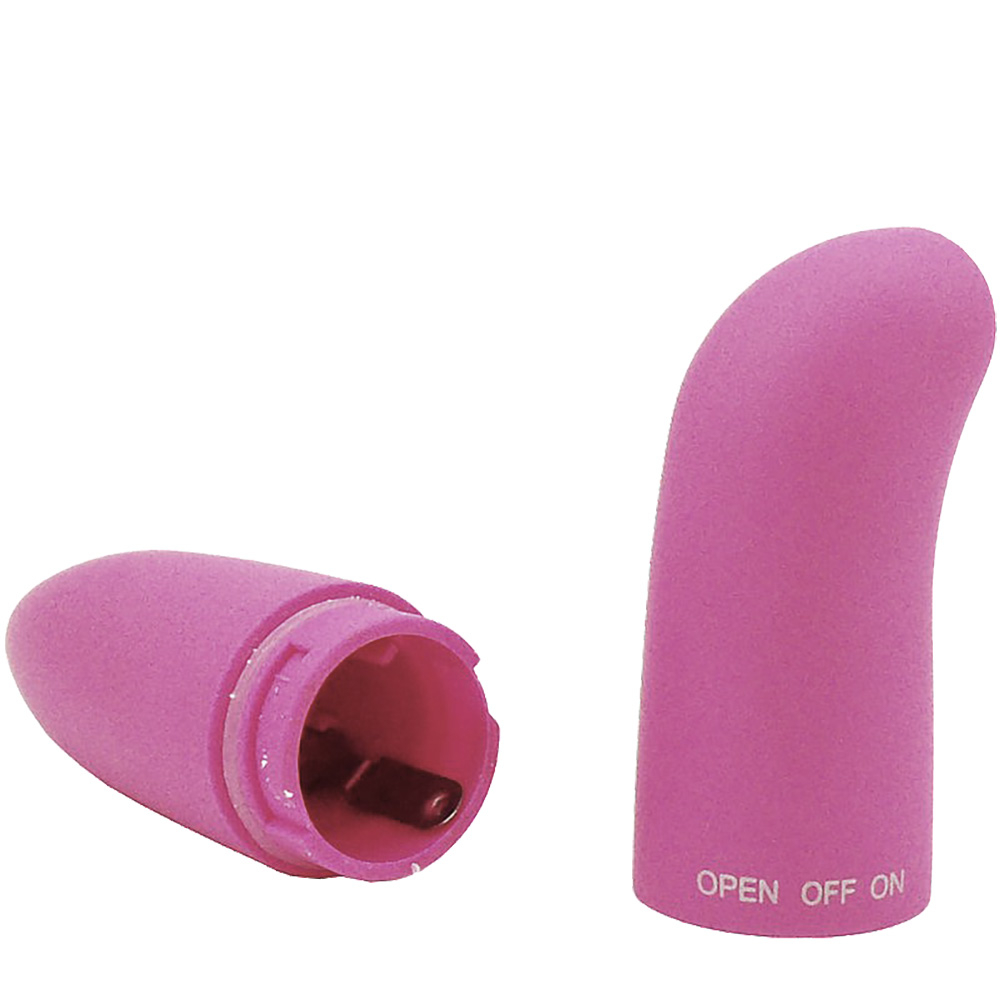 Vibrador Ponto G Liso em Pl�stico R�gido Rosa, parte superior remov�vel mostrando compartimento da pilha