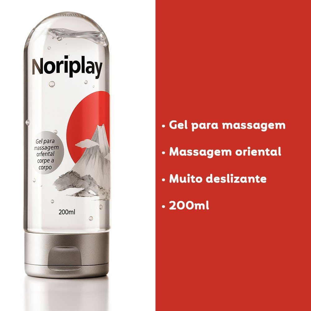 Apresenta��o do Noriplay Gel NURU para Massagem Oriental Corpo a Corpo, destacando seus benef�cios: massagem oriental, muito deslizante e 200ml.