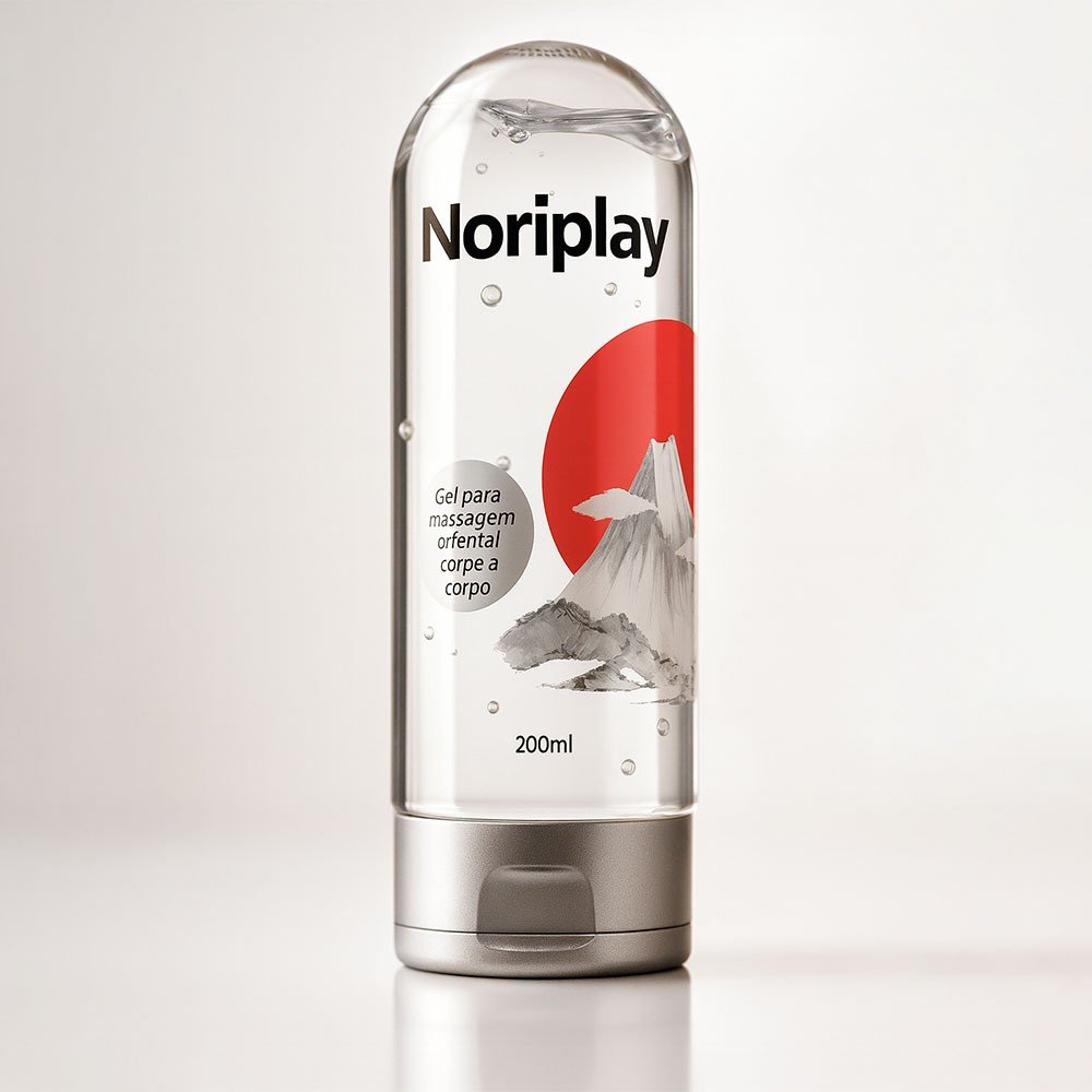 Noriplay Gel NURU para Massagem Oriental Corpo a Corpo em um �ngulo que destaca o design do frasco e a transpar�ncia do gel, preparado para uso.