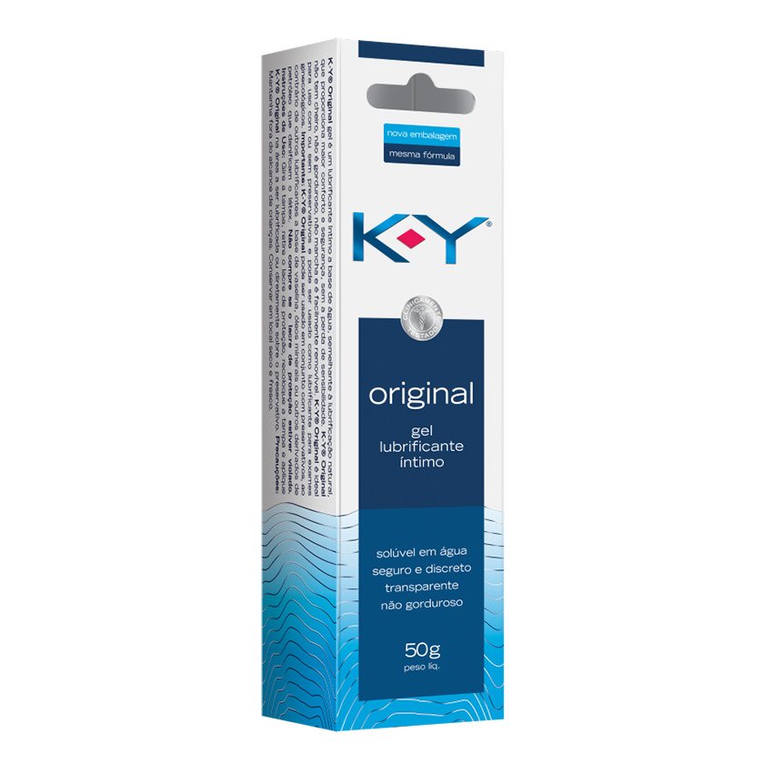 KY Lubrificante 50g com a embalagem, mostrando informa��es em detalhe, com a face exposta na lateral