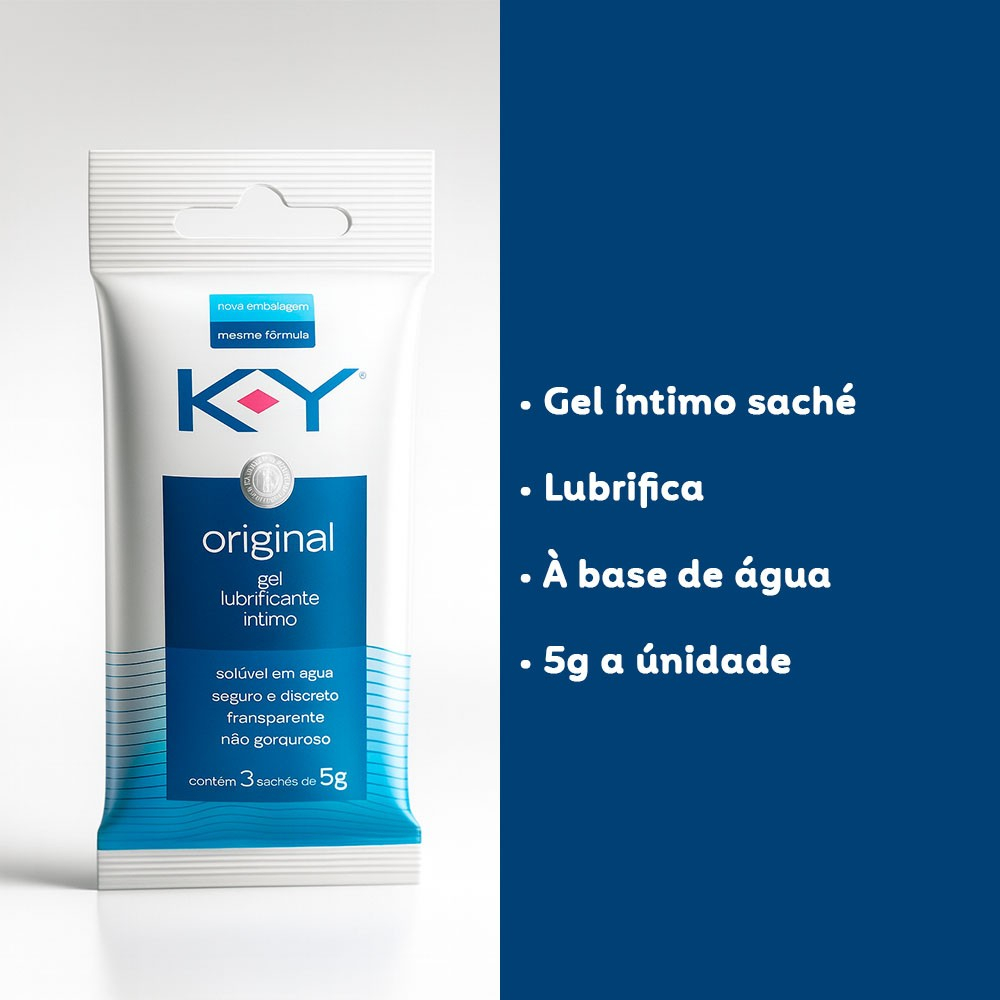 KY Lubrificante Sach� 5g com 3 Unidades - Detalhe da embalagem com texto 'Gel �ntimo sach�, Lubrifica, � base de �gua, 5g a unidade'