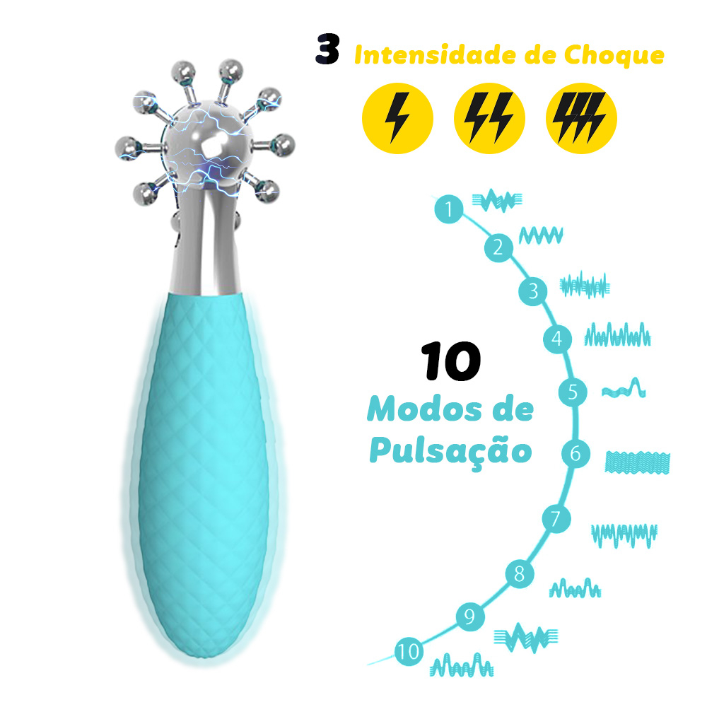 Vibrador Feminino Recarreg�vel em Silicone Cyan, ilustrando os 10 modos de pulsa��o e 3 intensidades de choque